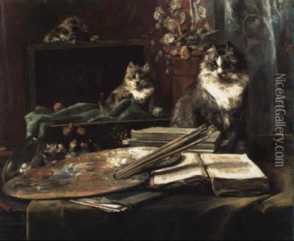 Spielende Katzen In Einem Maleratelier Oil Painting - Charles van den Eycken