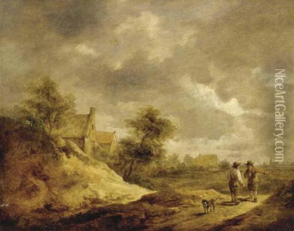Two Peasants And A Dog In A Dune Landscape Oil Painting - David The Younger Teniers