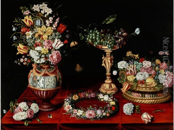 Blumen- Und Fruchtestilleben Mit Schaugefasen Und Einem Blutenkranz Oil Painting - Ambrosius Brueghel