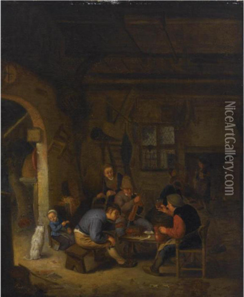 Peasants In An Inn Smoking And Drinking, A Little Girl Feeding A Dog To The Left Oil Painting - Adriaen Jansz. Van Ostade