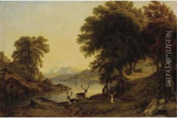 Deer By The Banks Of A Lake Oil Painting - Jacob Thompson