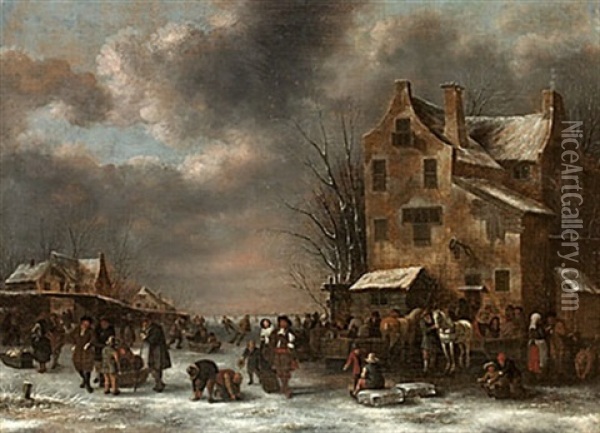 Stadsbild I Vinter Med Frusen Kanal Oil Painting - Nicolaes Molenaer