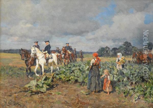 Huntsmen Passing Through A Cabbage Field Oil Painting - Wilhelm Velten