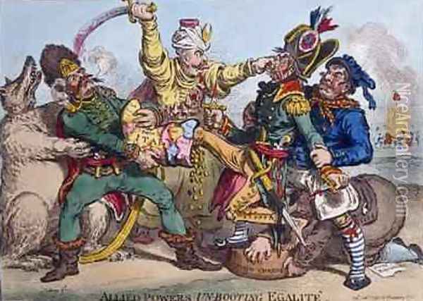 Allied Powers Un Booting Egalite Oil Painting - James Gillray
