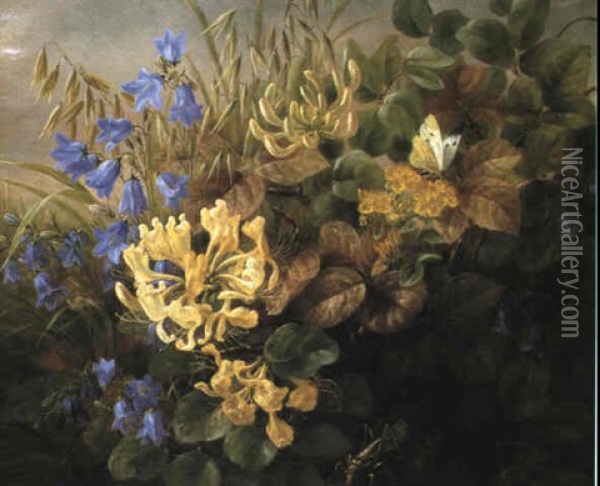 Klokkeblomster, Caprifolie, Sommerfugle Og Graeshoppe Oil Painting - Anthonie Eleonore (Anthonore) Christensen