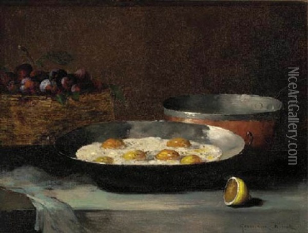 A Still Life With Eggs, Plums And A Lemon, On A Draped Ledge Oil Painting - Germain Theodore Ribot