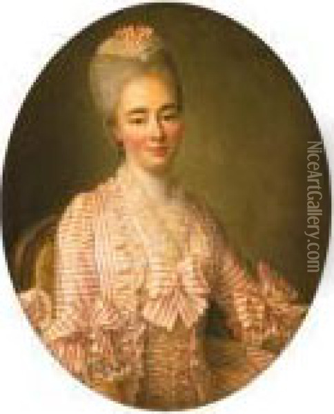 Portrait Of A Lady, Said To Be 
Yvonette Moulin De La Racinire,seated Half-length, In A Pink And White 
Striped Dress With Lacetrimmings Oil Painting - Francois-Hubert Drouais