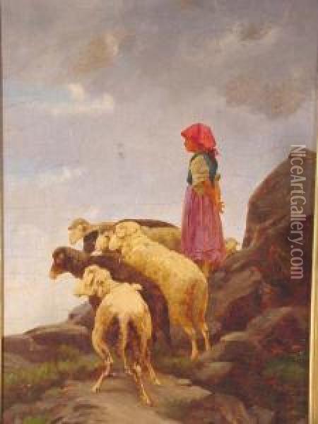 Bruzzi, Italian, -,'shepherdess & Sheep, Oil On Canvas L1xx9 Oil Painting - Stefano Bruzzi