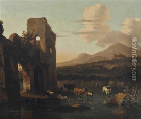 An Italianate Landscape With Cattle Fording A Stream By A Ruin Oil Painting - Abraham Jansz. Begeyn