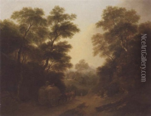 A Rocky Wooded Landscape With A Haycart On A Country Track Oil Painting - Thomas Barker