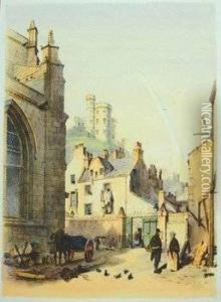 Queen Mary's Tower, Holyrood Palace; Jail Governor's House, From The College Church Oil Painting - Samuel Dukinfield Swarbreck