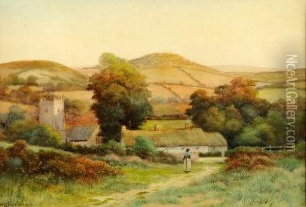 A Kentish Pastoral, Village With Figure On A Pathway Oil Painting - George Oyston