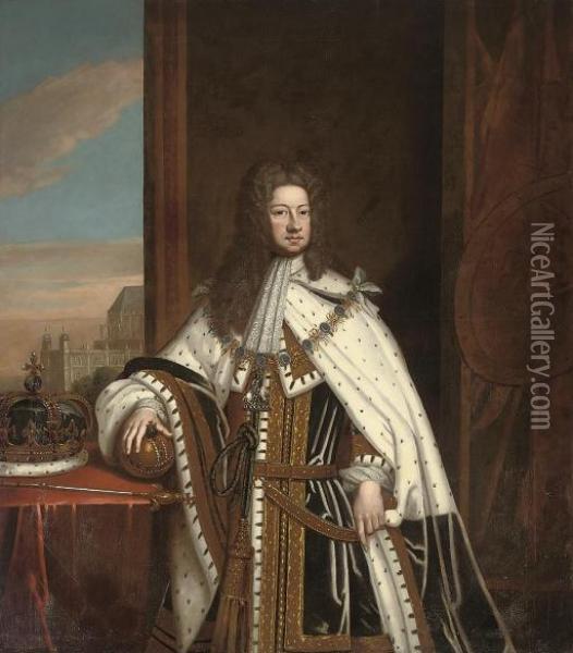 Portrait Of King George I, 
Three-quarter-length, In Robes Of State, Wearing The Collar Of The 
Garter With His Hand On The Orb, The Crown And Sceptre On A Table To His
 Right, The East End Of Westminster Abbey And St. Stephen's Chapel 
Beyond Oil Painting - Sir Godfrey Kneller
