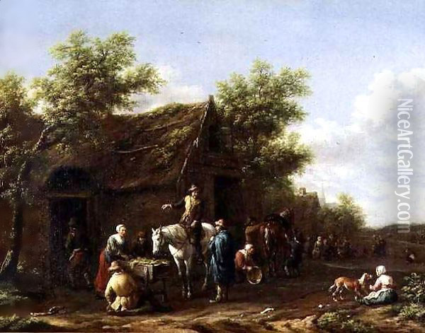 Travellers resting their horses by a barn Oil Painting - Barend Gael or Gaal