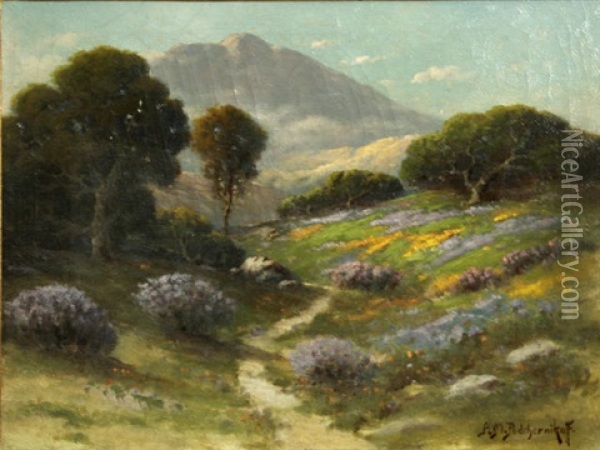 Path Through Wildflowers With Mountains Beyond Oil Painting - Alexis Matthew Podchernikoff