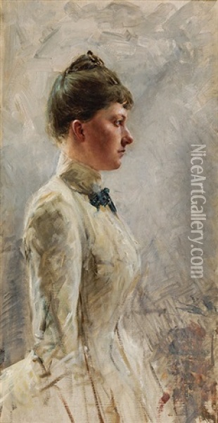 A Lady In A White Dress Oil Painting - Josef Engelhart
