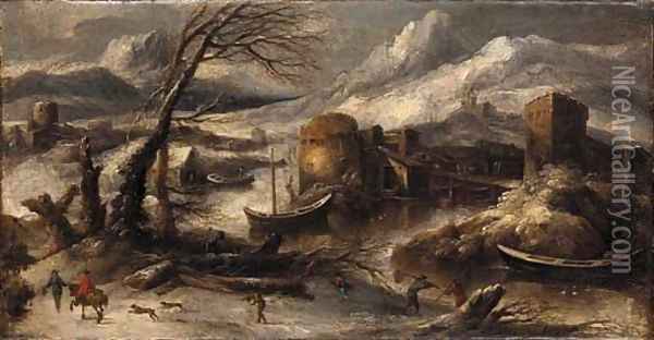 A winter landscape with fishermen by a river Oil Painting - Willem Von Bemmel