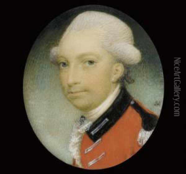 An Officer Of The 16th Light Dragoons, In Scarlet Coat With Black Facings And Silver Lace, Powdered Hair Oil Painting - Gervase Jarvis Spencer