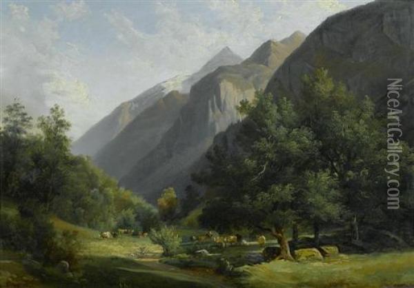 Paysage De La Vallee De Lauterbunnen (?) Avec Vaches. 1837 (?) Oil Painting - Francois Diday