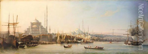 La Corne D'Or (The Golden Horn With The Suleimaniye And The Fatih Mosques, Constantinople) Oil Painting - Antoine Leon Morel-Fatio