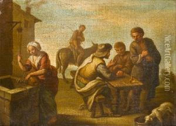 A Village With Men Seated At A Table, A Womanat A Well And A Man On A Donkey Oil Painting - Giovanni Michele Graneri