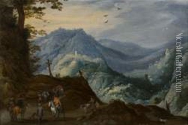 Cavaliers Et Paysans Dans Un Paysage Panoramique Oil Painting - Joos de Momper the Younger