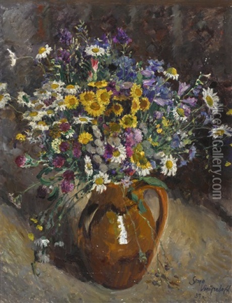 Still Life With Vase Of Flowers Oil Painting - Sergei Arsenievich Vinogradov