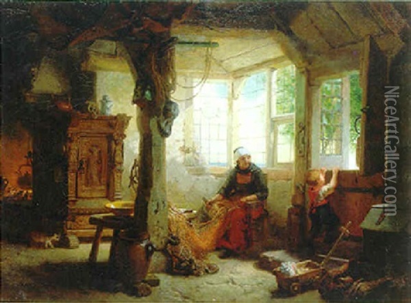 Netzeflickende Frau Mit Einem Kind Am Fenster Oil Painting - Johann Martin Gensler