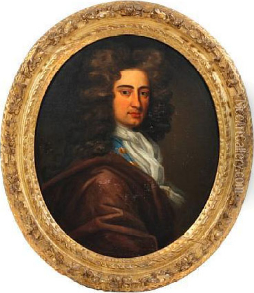 A Portrait Of A Gentleman, Bust 
Length,wearing Plum Coloured Cloak, Blue Jacket And White 
Neckerchief,with Flowing Wig Oil Painting - Sir Godfrey Kneller