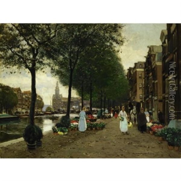 A Flower Market In Amsterdam Oil Painting - Heinrich Hermanns