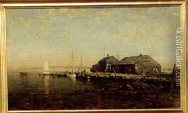 Coastal Scene With Boat Houses And Sailboats Oil Painting - George Herbert McCord