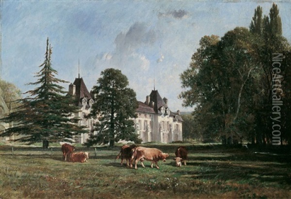 Weidendes Vieh Vor Schloss Malmaison Oil Painting - Felix Saturnin Brissot de Warville