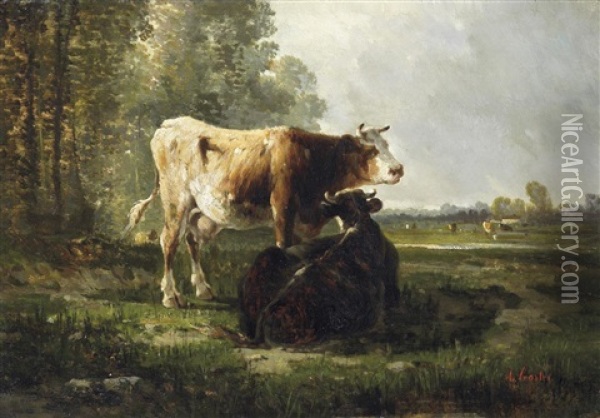 Weidende Kuhe Am Waldrand Oil Painting - Antonio Cortes Cordero