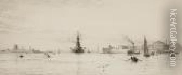 Battleship In A Busy Mediterranean Harbour Oil Painting - William Lionel Wyllie