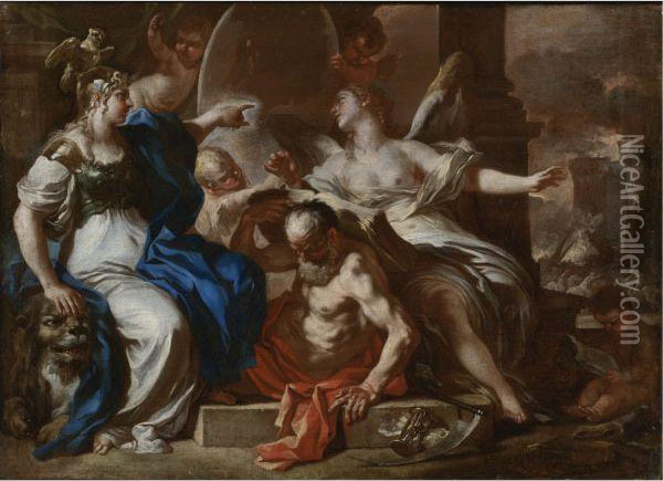 Minerva With Chronos And 
History: A Study For An Allegory Of Thereign Of The Hapsburgs In Naples Oil Painting - Francesco Solimena