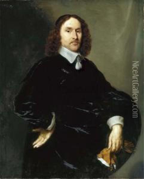 Portrait Of A Gentleman, Three-quarter-length, In A Blackdoublet Oil Painting - Cornelius Janssens Van Ceulen