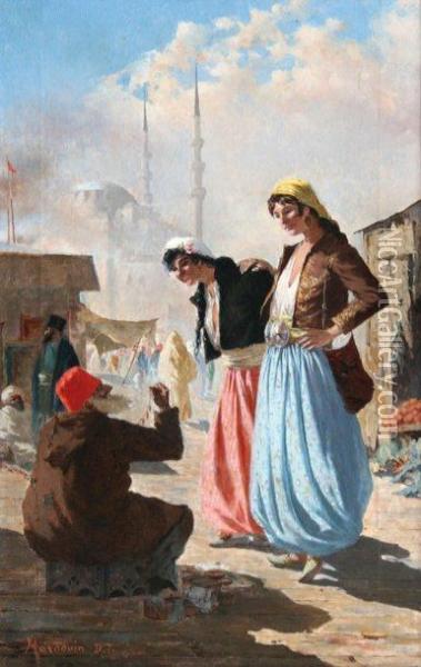 Femmes Turques Marchandant Un Collier Aconstantinople Oil Painting - D.T. Hardouin