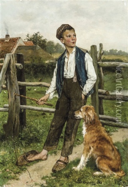Le Siffleur (jeune Garcon Et Son Chien) Oil Painting - Evariste Carpentier