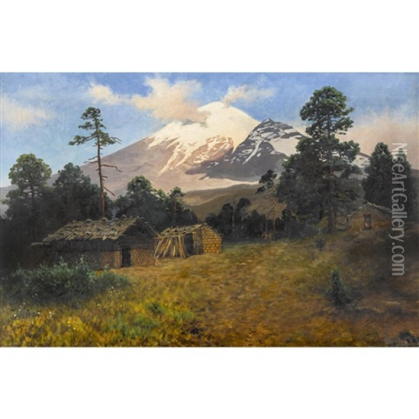 Der Vulkan Popocatepetl Mit Bauernhausern Oil Painting - August Loehr