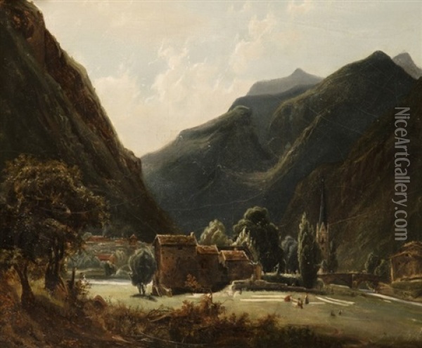 Village Dans Une Vallee Suisse Oil Painting - Louis Auguste Lapito