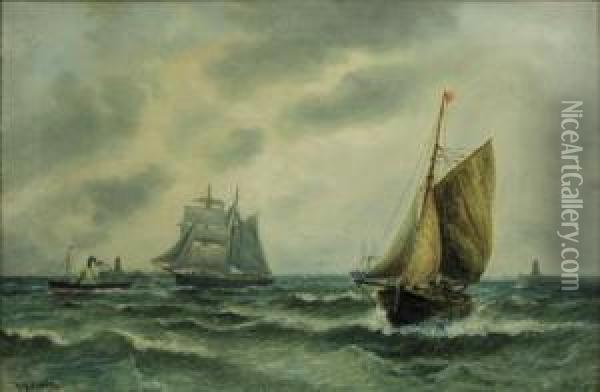 Sailing Vessels And A Paddle Steamer Leave Harbour Oil Painting - Bernard Benedict Hemy