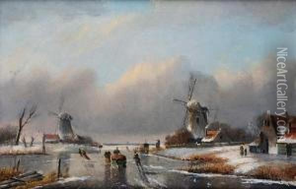 Dutch Winter Scene With Figures Skating On Afrozen Canal Oil Painting - Charles Henri Leickert