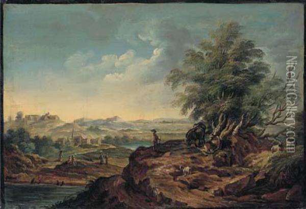 An Extensive Landscape With A 
Herdsman And Livestock In Theforeground, A Village Seen Beyond Oil Painting - Martin von Molitor