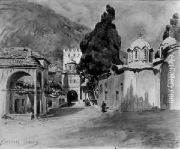 Klosteranlage Auf Dem Berg Athos. Oil Painting - Carl Wuttke