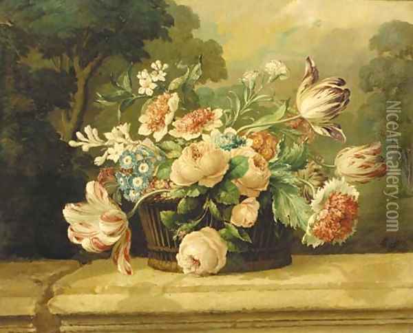 Mixed flowers in a basket on a stone ledge Oil Painting - French School