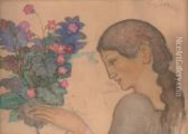 Woman Arranging Flowers Oil Painting - Eugene Zak