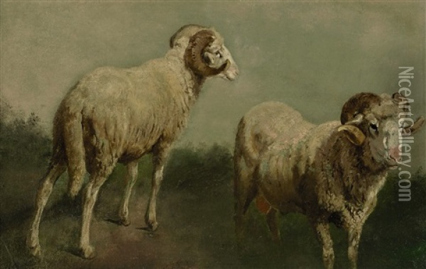 Zwei Schafbocke Oil Painting - Adolf Ernst Meissner