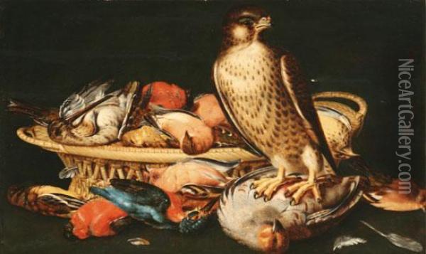 Still Life With Game In A Basket And A Hawk Oil Painting - Jacobes Vonck