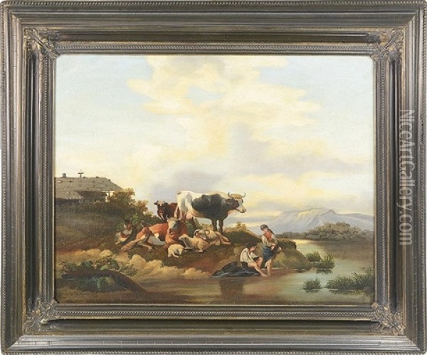 Shepherds In A Landscape With A Homestead Oil Painting - Franz Bohumir Zverina