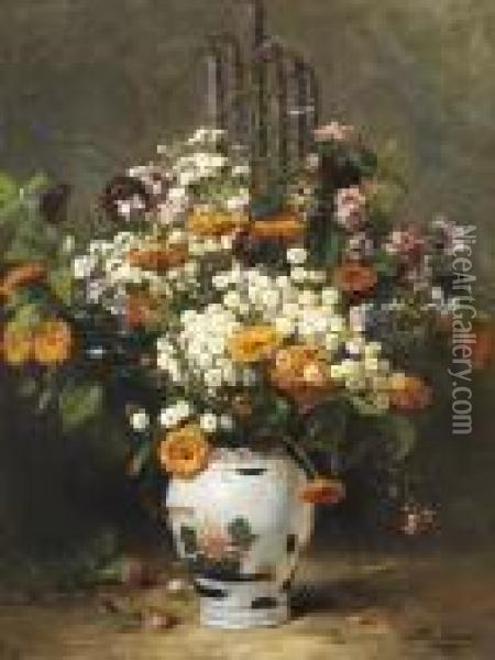 Bouquet D'asters Et De Soucis Dans Un Vase Chinois Oil Painting - Charles-Felix-Edouard Deshayes